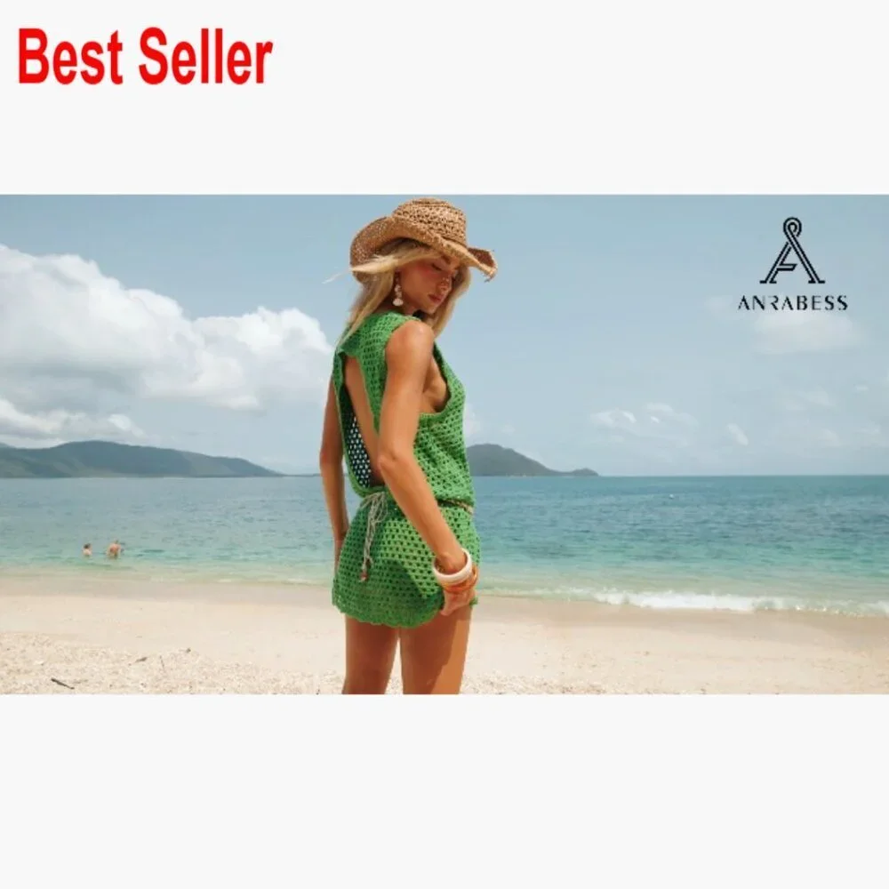 V-Neck Crochet Backless Swimsuit Cover Up Dress 100% Acrylic